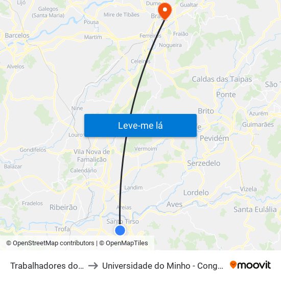 Trabalhadores do Arco to Universidade do Minho - Congregados map