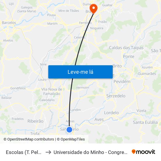 Escolas (T. Pelayo) to Universidade do Minho - Congregados map