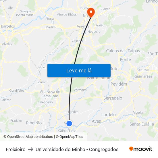 Freixieiro to Universidade do Minho - Congregados map