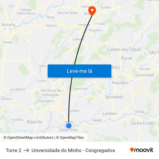 Torre 2 to Universidade do Minho - Congregados map