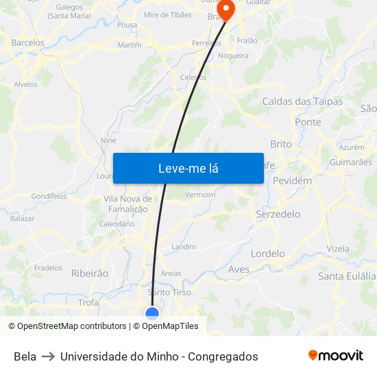 Bela to Universidade do Minho - Congregados map