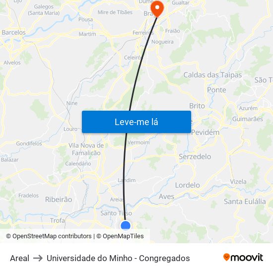 Areal to Universidade do Minho - Congregados map