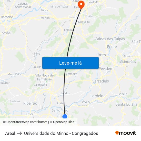 Areal to Universidade do Minho - Congregados map