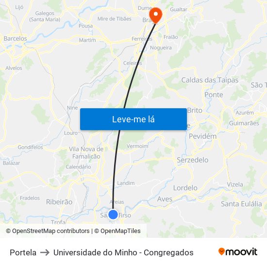 Portela to Universidade do Minho - Congregados map