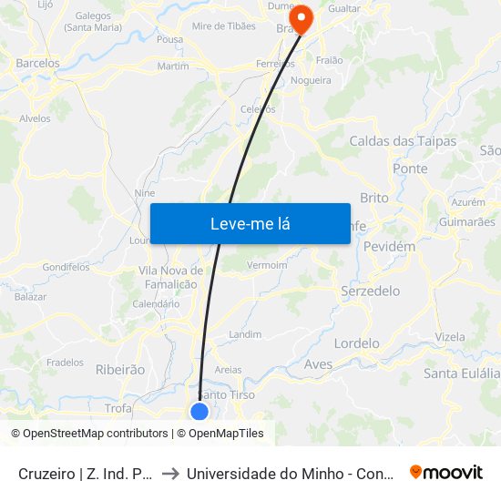 Cruzeiro | Z. Ind. Poupa I to Universidade do Minho - Congregados map