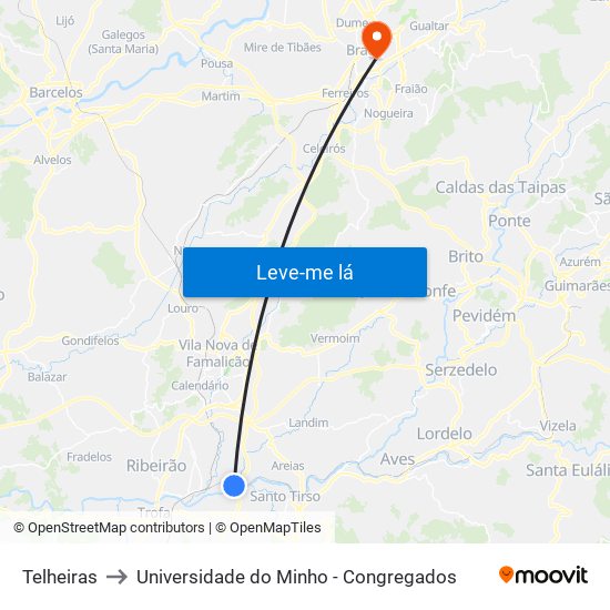 Telheiras to Universidade do Minho - Congregados map