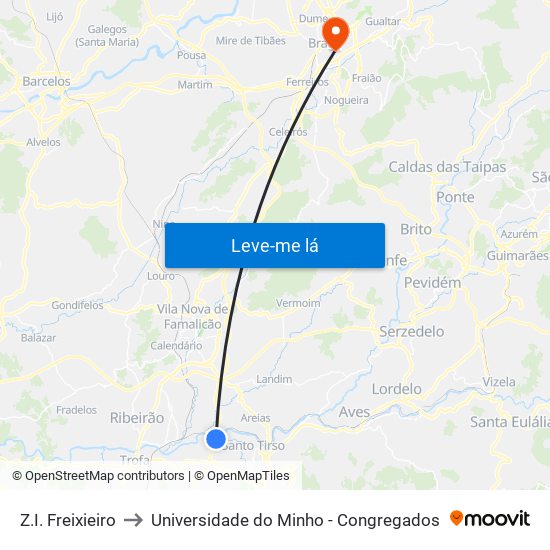 Z.I. Freixieiro to Universidade do Minho - Congregados map