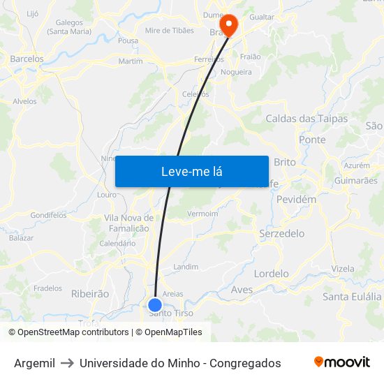 Argemil to Universidade do Minho - Congregados map