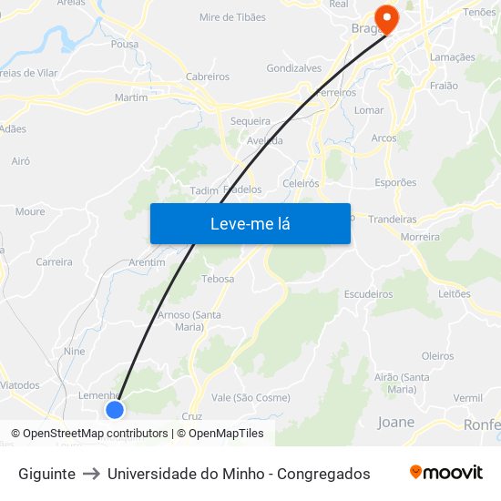 Giguinte to Universidade do Minho - Congregados map