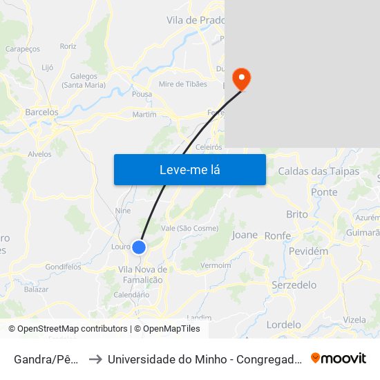 Gandra/Pêgo to Universidade do Minho - Congregados map