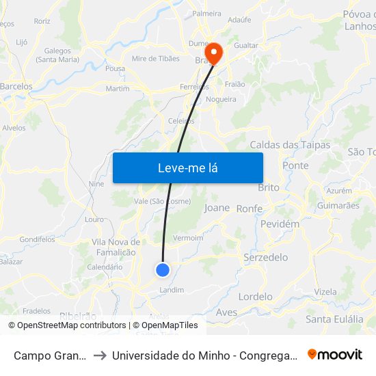 Campo Grande to Universidade do Minho - Congregados map