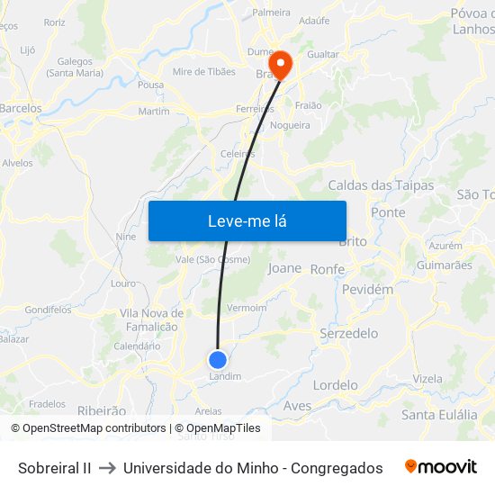 Sobreiral II to Universidade do Minho - Congregados map