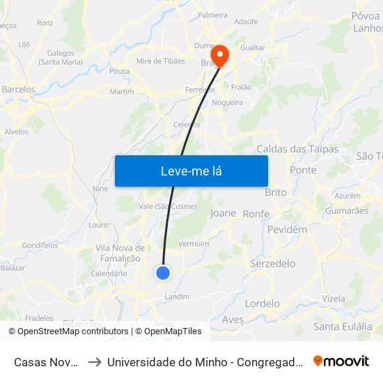 Casas Novas to Universidade do Minho - Congregados map