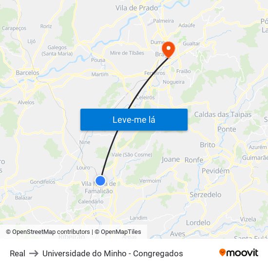 Real to Universidade do Minho - Congregados map