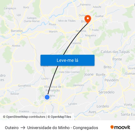 Outeiro (Escola) to Universidade do Minho - Congregados map