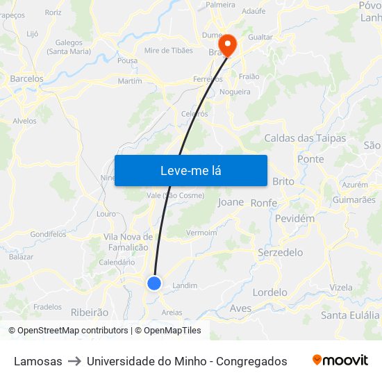 Lamosas to Universidade do Minho - Congregados map