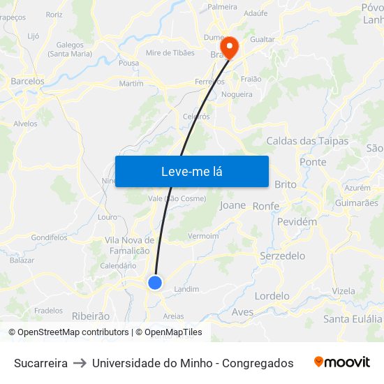 Sucarreira to Universidade do Minho - Congregados map