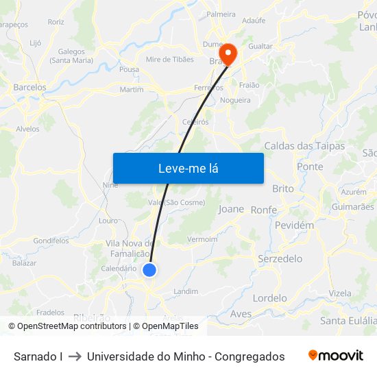 Sarnado I to Universidade do Minho - Congregados map