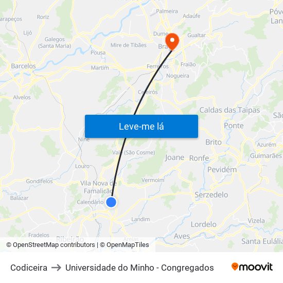 Codiceira to Universidade do Minho - Congregados map