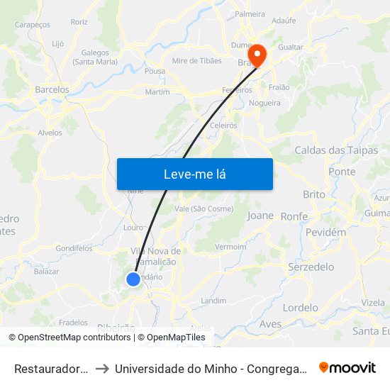 Restauradores to Universidade do Minho - Congregados map