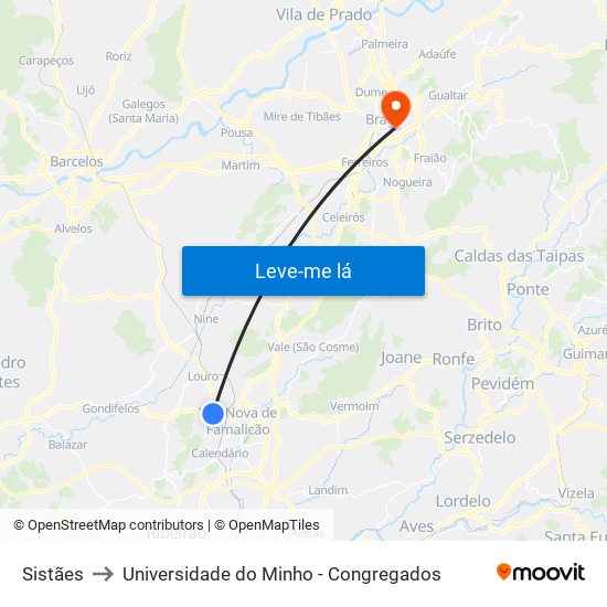 Sistães to Universidade do Minho - Congregados map