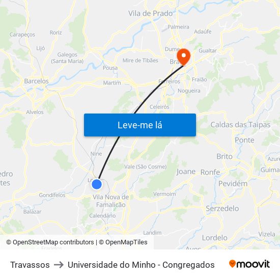 Travassos to Universidade do Minho - Congregados map