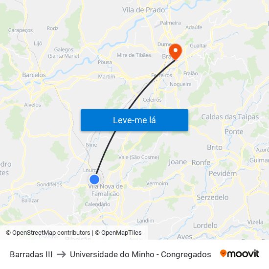 Barradas III to Universidade do Minho - Congregados map