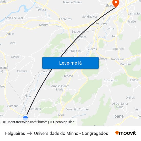 Felgueiras to Universidade do Minho - Congregados map