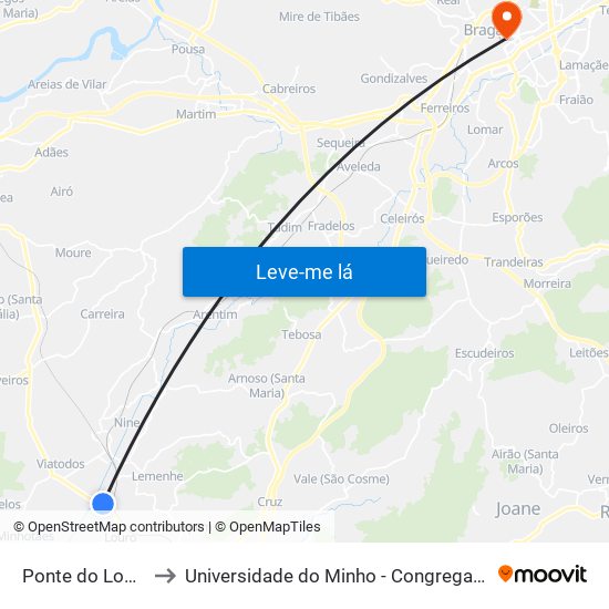 Ponte do Louro to Universidade do Minho - Congregados map