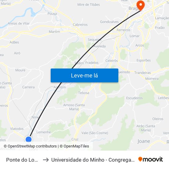 Ponte do Louro to Universidade do Minho - Congregados map