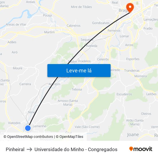 Pinheiral to Universidade do Minho - Congregados map