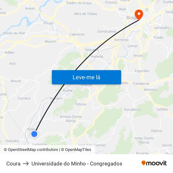 Coura to Universidade do Minho - Congregados map