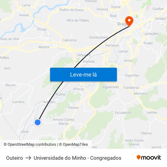 Outeiro to Universidade do Minho - Congregados map