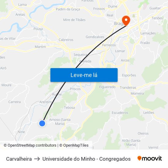 Carvalheira to Universidade do Minho - Congregados map