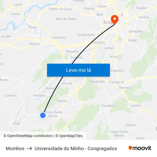 Moinhos to Universidade do Minho - Congregados map