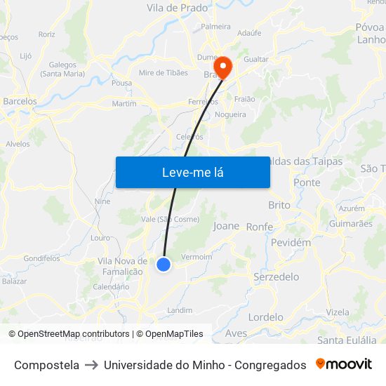 Compostela to Universidade do Minho - Congregados map