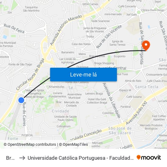Braga to Universidade Católica Portuguesa - Faculdade de Teologia map
