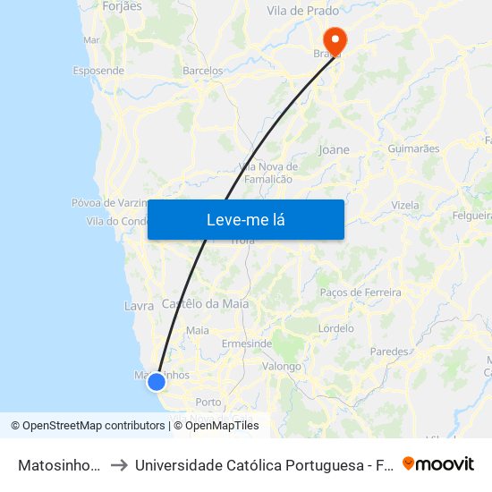 Matosinhos (Praia) to Universidade Católica Portuguesa - Faculdade de Teologia map