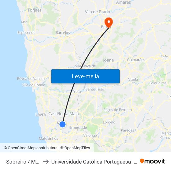 Sobreiro / Maia (Plaza) to Universidade Católica Portuguesa - Faculdade de Teologia map