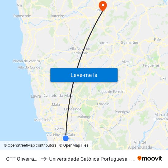 CTT Oliveira do Douro to Universidade Católica Portuguesa - Faculdade de Teologia map