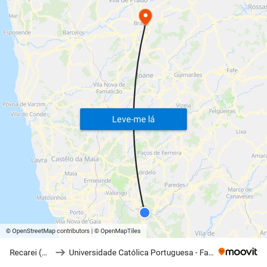 Recarei (Valteve) to Universidade Católica Portuguesa - Faculdade de Teologia map