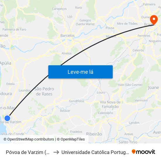 Póvoa de Varzim (Terminal Rodoviário) to Universidade Católica Portuguesa - Faculdade de Teologia map