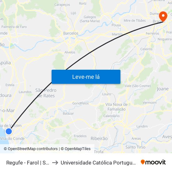 Regufe - Farol | São Brás (Metro) to Universidade Católica Portuguesa - Faculdade de Teologia map