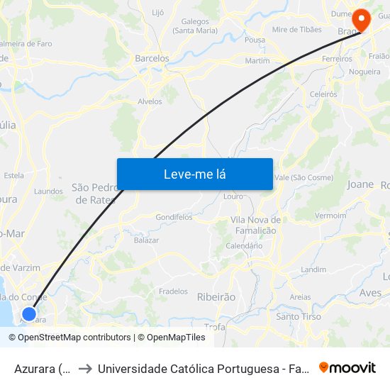 Azurara (Ponte) to Universidade Católica Portuguesa - Faculdade de Teologia map