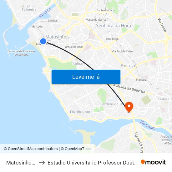 Matosinhos (Praia) to Estádio Universitário Professor Doutor Jayme Rios Souza map