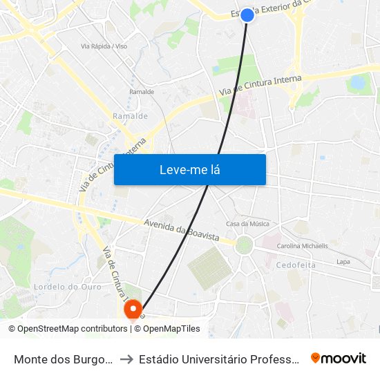Monte dos Burgos (Circunvalação) to Estádio Universitário Professor Doutor Jayme Rios Souza map