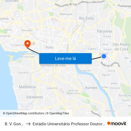 B. V. Gondomar to Estádio Universitário Professor Doutor Jayme Rios Souza map