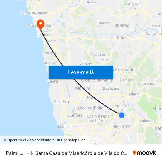 Palmilheira to Santa Casa da Misericórdia de Vila do Conde-Edifício 2 map