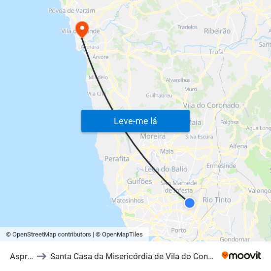 Asprela to Santa Casa da Misericórdia de Vila do Conde-Edifício 2 map