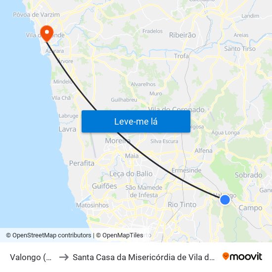 Valongo (Centro) to Santa Casa da Misericórdia de Vila do Conde-Edifício 2 map